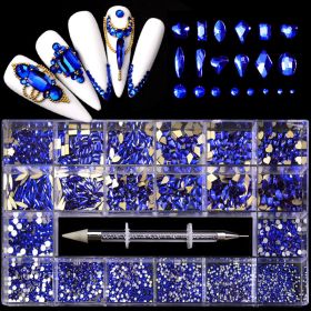 21 Grid Boxed Nail Rhinestone Flat Glass Nail Rhinestone Jewelry Set (Color: Blue)